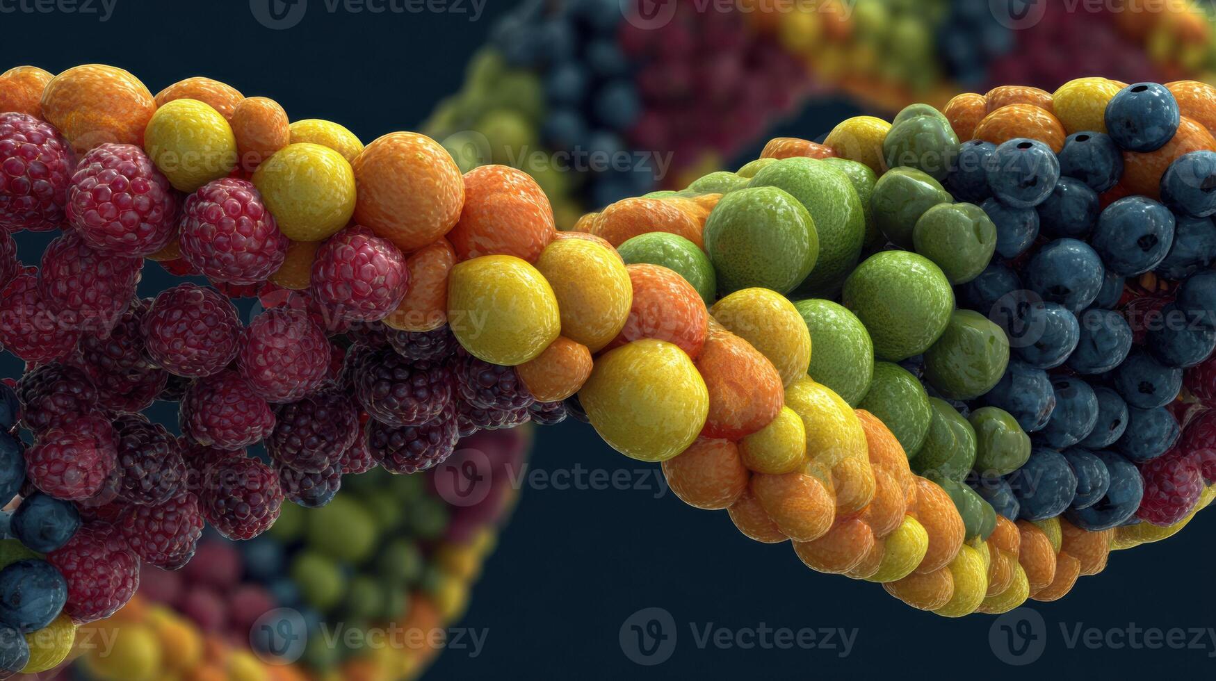 Colorful Fruit DNA Strand Creatively Designed With Berries and Citrus, Showcasing Vibrant Hues and an Organic Shape, Perfect for Food Art Enthusiasts photo