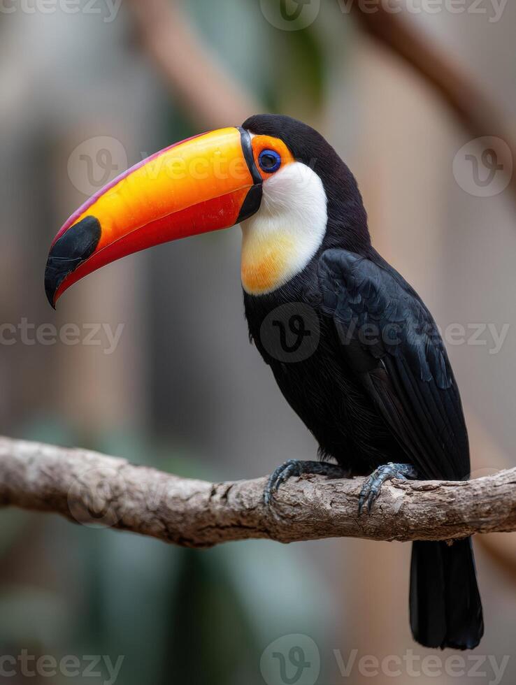 Vivid Toco Toucan Perched on a Branch With Striking Beak and Blurred Background Amidst Natural Habitat photo