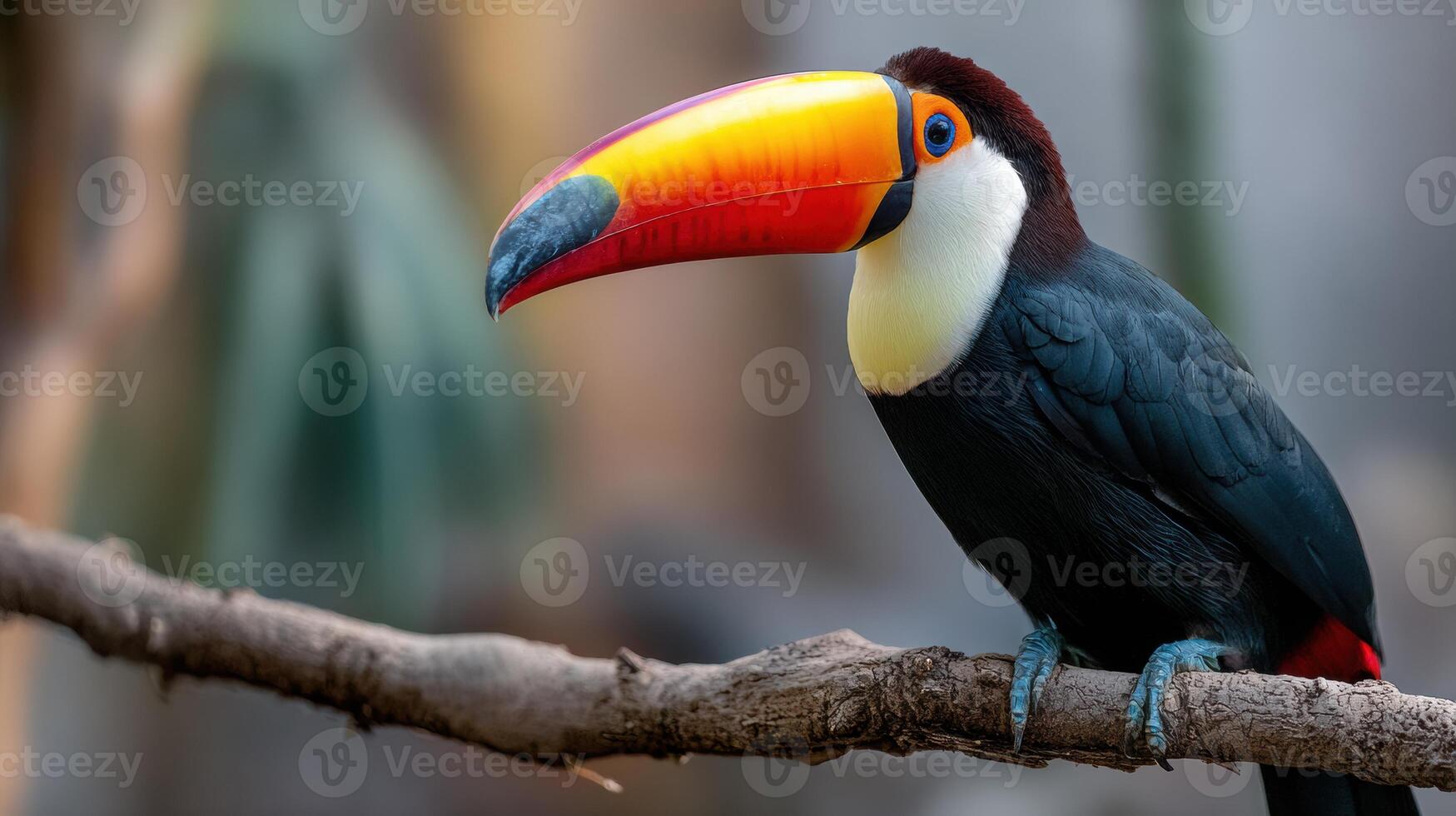 Vibrant Toco Toucan Perched on a Branch Showcasing Its Brilliant Beak in a Lush Environment photo