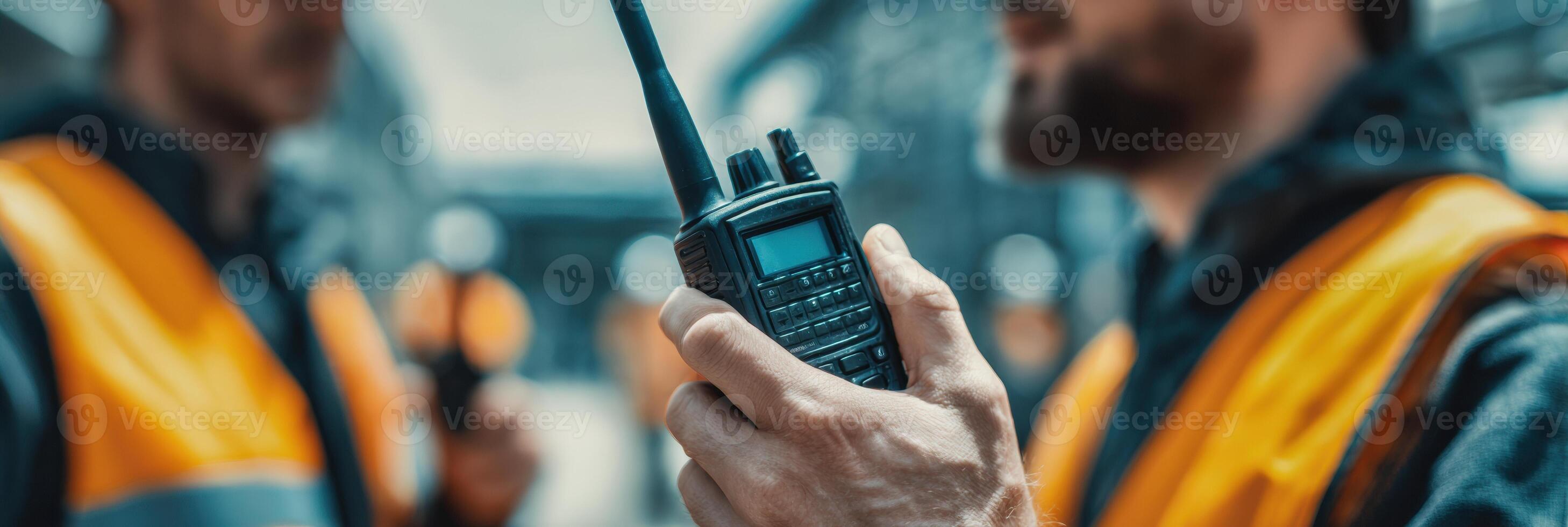 Team Member Coordinating With Walkie-Talkie During Collaborative Effort in an Industrial Setting on a Clear Day photo