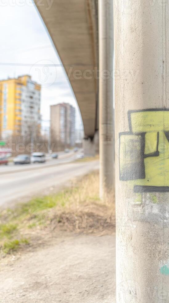 Urban infrastructure captured a textured concrete pillar with vibrant graffiti beneath a vast overpass, overlooking busy city streets and distant buildings photo