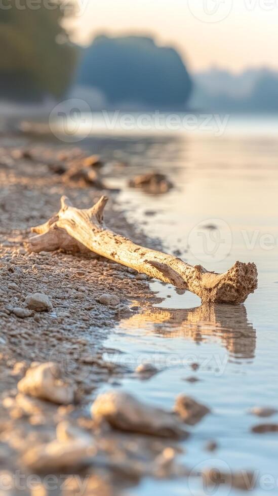 Golden Hour Serenity Weathered Driftwood Rests on a Tranquil Shoreline, Bathed in Soft Light with Gentle Water Reflections photo