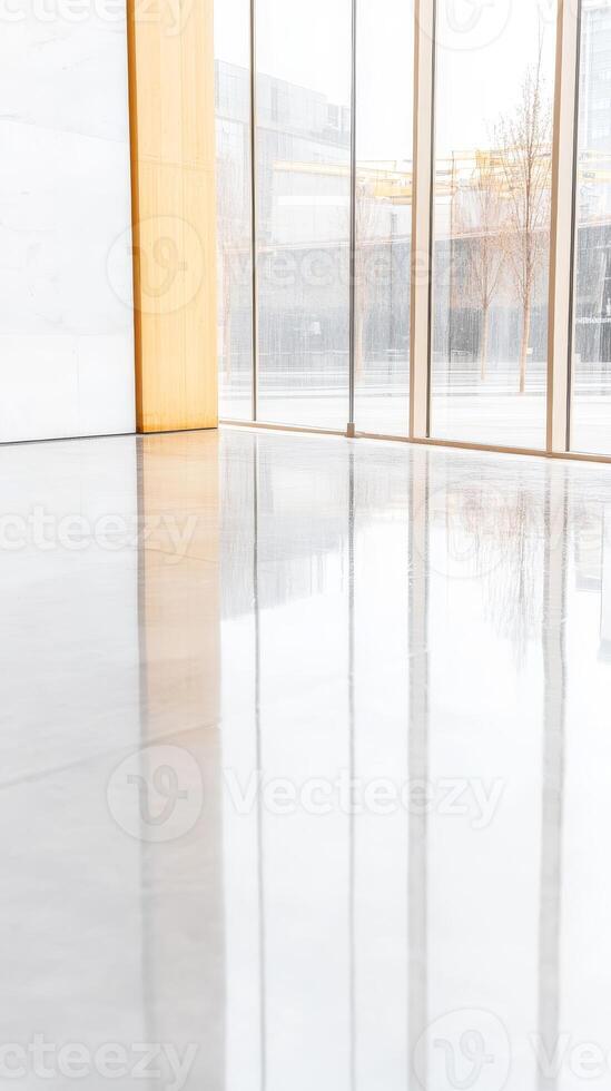 Bright, Modern Interior with Polished Floors and Expansive Windows Reflecting Urban Light photo