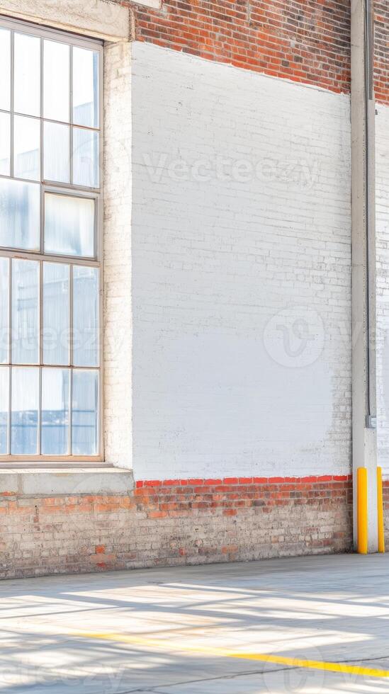 Architectural study of an industrial building's interior, featuring a large gridded window, white-painted brick wall, and sunlit concrete floor. photo