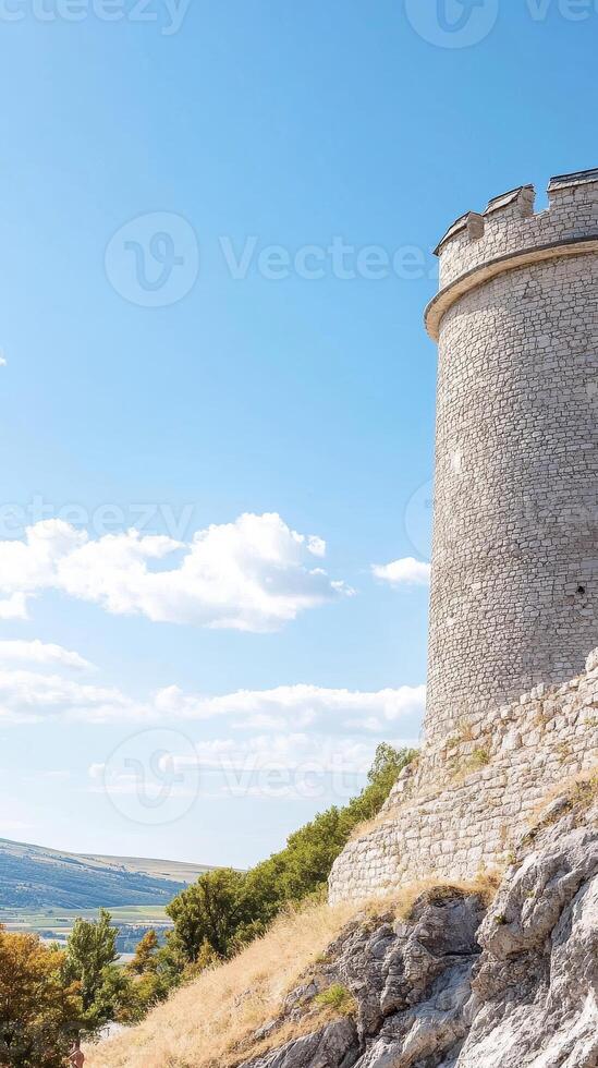 Ancient stone tower standing tall on a sun-drenched hill, overlooking a vast landscape under a clear blue sky with fluffy clouds. A historic architectural marvel. photo
