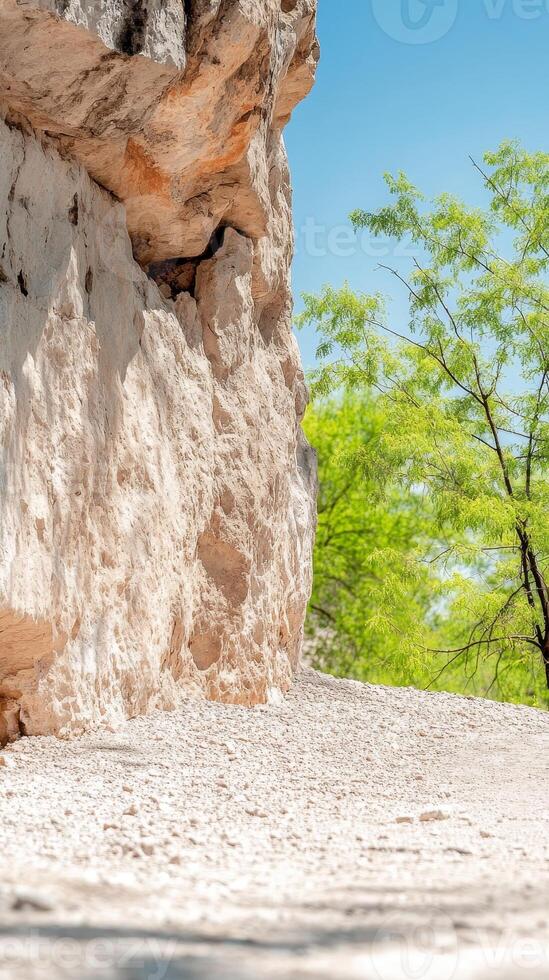 Majestic Rugged Cliff Face with Vibrant Green Foliage Under a Clear Blue Sky, Capturing the Serene Beauty of a Natural Landscape photo