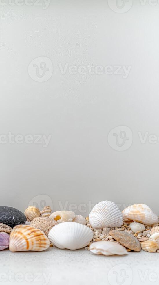 A serene arrangement of natural seashells and smooth pebbles on a light background, evoking peaceful beach memories and coastal tranquility. photo