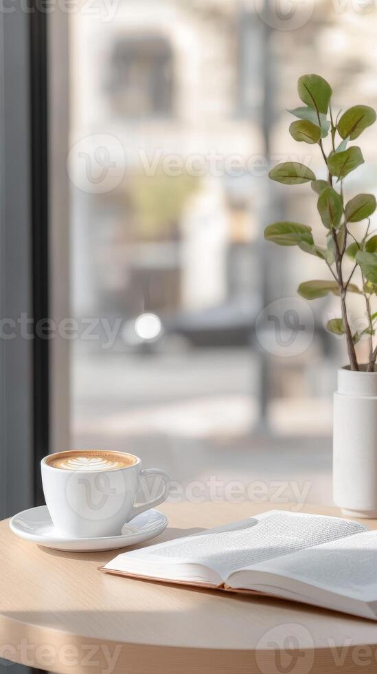 Serene Morning Moment A Steaming Cup of Coffee and an Open Book on a Wooden Table by a Sunny Window in a Tranquil Cafe Setting. photo