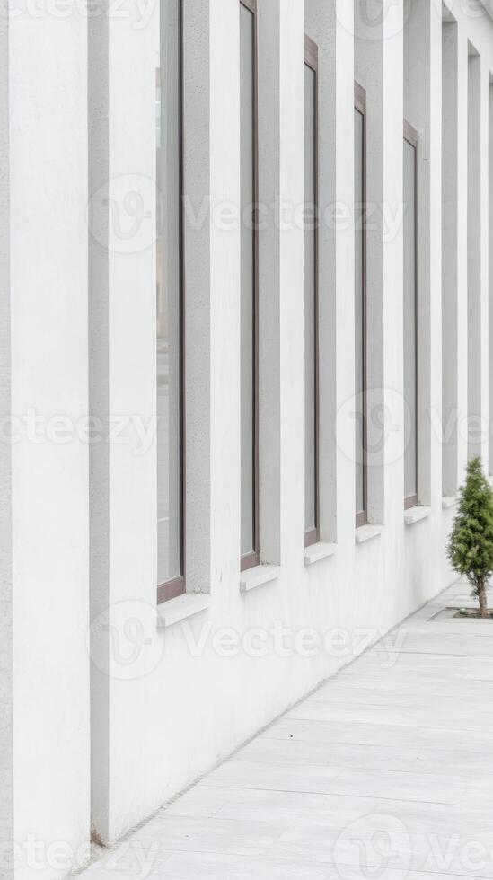 Modern Architectural Facade with Repetitive Windows and Clean Lines. Minimalist White Building Exterior in Urban Setting with Green Shrub. photo