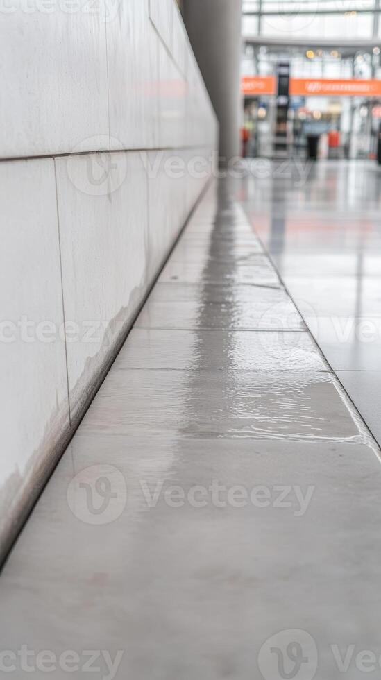 Modern Architectural Interior with Wet Floor and Clean Lines, Capturing a Serene Abstract Perspective of Urban Space and Reflective Surfaces. photo