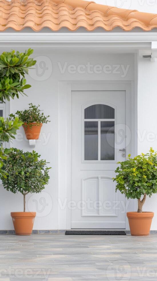 Elegant White House Entrance with Potted Greenery and Terracotta Roof Tiles. Modern Residential Facade with Welcoming Doorway and Clean Architectural Lines. photo