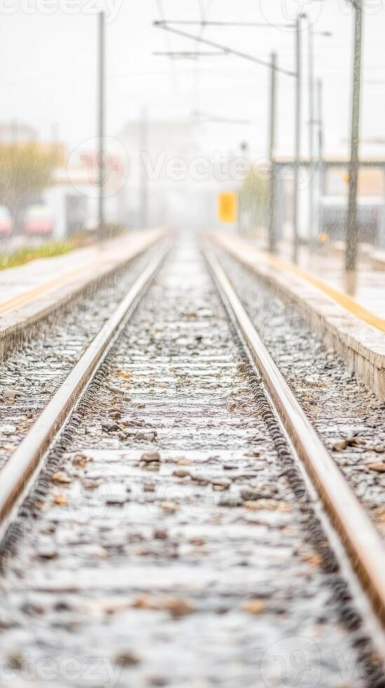 Rainy Train Tracks Converging on a Misty Horizon A Poetic Glimpse of Urban Transit and the Endless Journey Ahead on a Wet Day photo