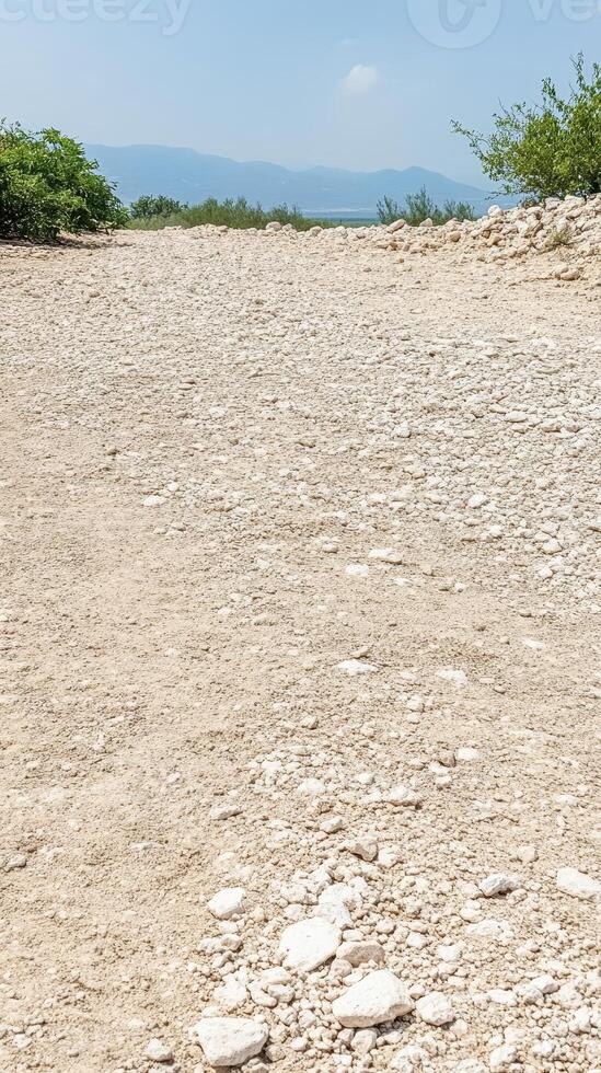 Sun-drenched gravel path winding through a serene natural landscape, leading towards majestic distant mountains under a clear blue sky. photo