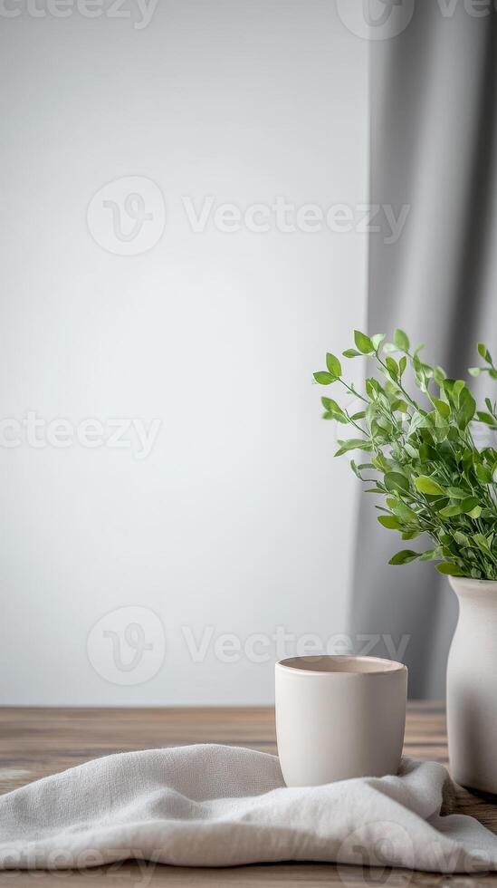 Minimalist Home Decor Serene Green Plant in Vase with Ceramic Cup on Wooden Table, Bathed in Soft Natural Light, Perfect for Tranquil Interiors. photo