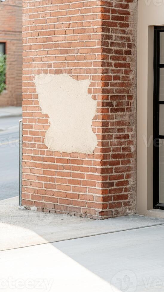 Weathered Brick Wall with Peeling Plaster and Concrete Sidewalk An Urban Architectural Study of Aged Textures and Historic Charm photo