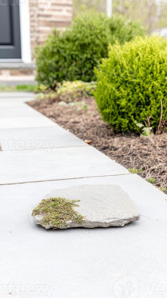 Moss Kissed Stone on Modern Garden Pathway Serene Outdoor Landscaping Detail with Lush Greenery and Elegant Design photo
