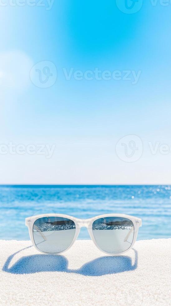 Stylish white sunglasses rest on pristine white sand, overlooking a tranquil blue ocean under a clear summer sky, embodying perfect tropical vacation relaxation. photo