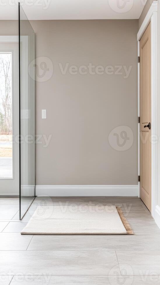 Serene Modern Interior Design with Neutral Tones, Glass Partition, and Minimalist Decor. Bright Home Space with Natural Light and Clean Lines. photo