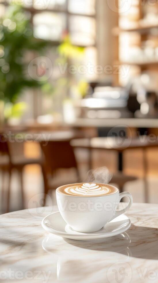 Steaming Latte Art in a Bright Cafe A Serene Morning Moment with Rich Coffee and Delicate Foam Design on a Marble Table photo
