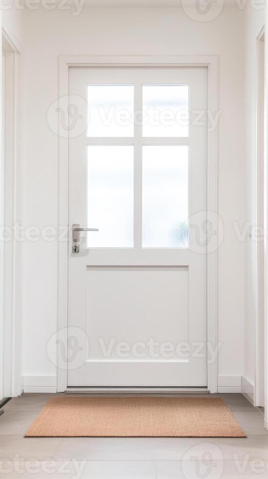Bright, Modern White Interior Door with Frosted Glass Panels and Welcome Mat in a Clean Hallway. Contemporary Home Entrance Design. photo