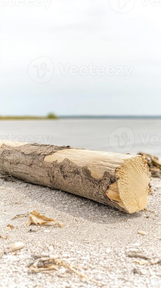 Weathered Driftwood Log Resting on a Tranquil Sandy Beach by Calm Waters A Natural Scene of Coastal Serenity and Organic Textures photo