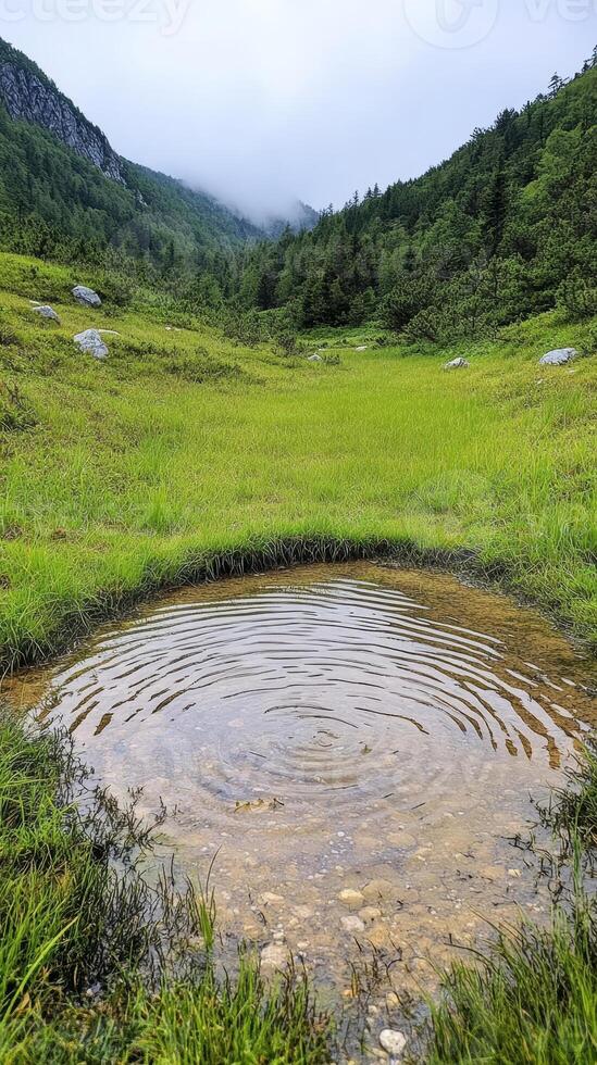 Serene mountain landscape featuring a tranquil pond with gentle ripples, encircled by lush green grass and dense forest under a soft, cloudy sky. photo