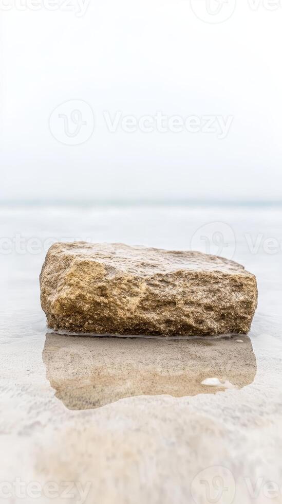 Ancient Stone Resting on Wet Sand at the Water's Edge, Reflecting the Calmness of the Coastal Landscape Under a Soft, Muted Sky photo