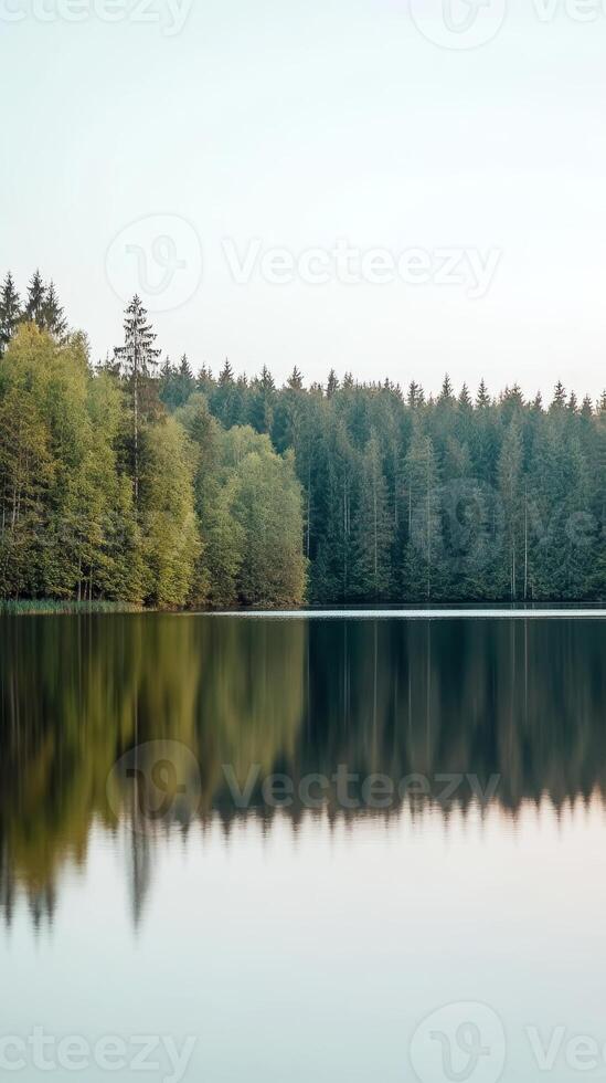Serene Forest Lake Reflection Tranquil Nature Landscape with Lush Green Trees and Calm Water. Perfect for relaxation and natural beauty photo