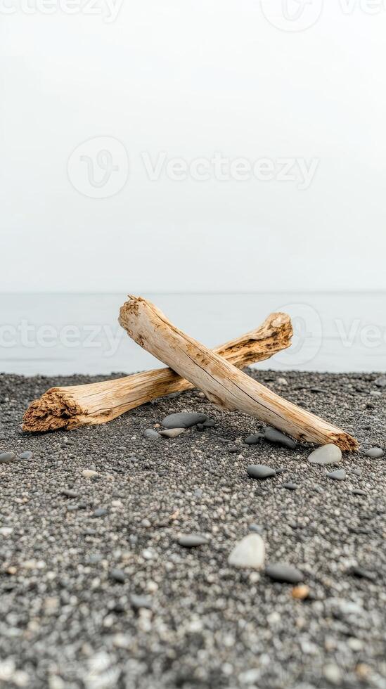 Weathered driftwood rests peacefully on a serene pebble beach, overlooking the calm ocean horizon. A tranquil natural landscape capturing coastal beauty. photo