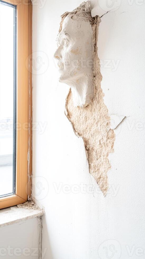 Captivating Plaster Face Sculpture Emerging from a Textured Wall, a Unique Architectural Art Installation Exploring Human Form and Space. photo
