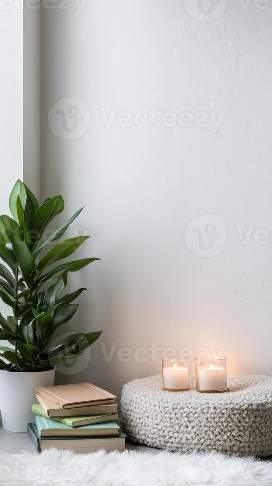 Cozy Home Ambiance Serene Indoor Retreat with Lush Green Plant, Stacked Books, and Warm Glowing Candles for Ultimate Relaxation and Hygge Decor photo