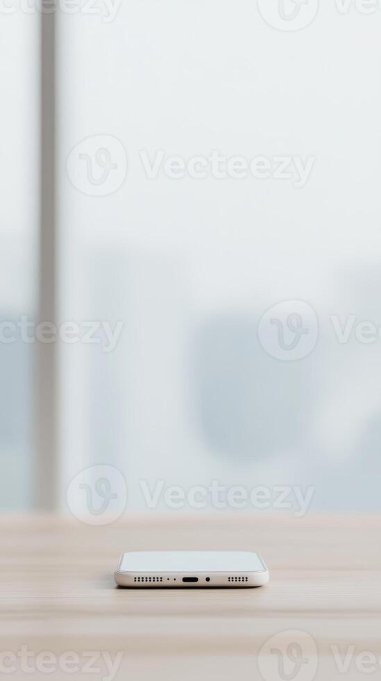 Sleek Smartphone Resting on a Modern Wooden Table with a Soft, Blurred Background photo