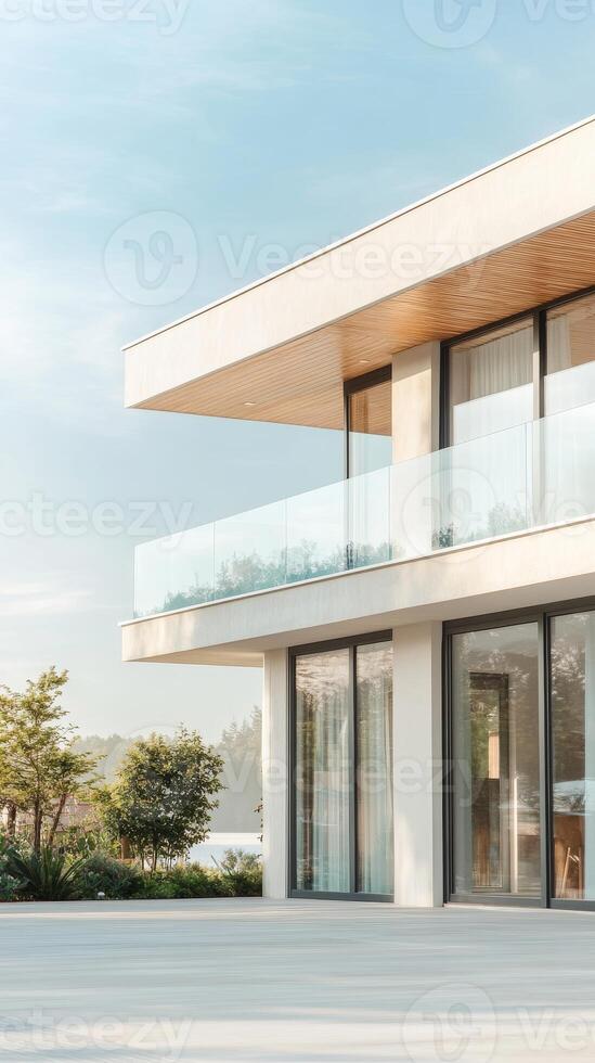Stunning Modern Architectural Home with Glass Balcony and Lake Views. Contemporary Luxury Residence Design Bathed in Natural Daylight. photo