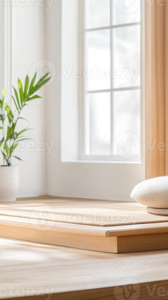 Serene Minimalist Interior Sunlit Room with Potted Plant, Wooden Platform, and Calm Atmosphere for Relaxation and Mindfulness photo