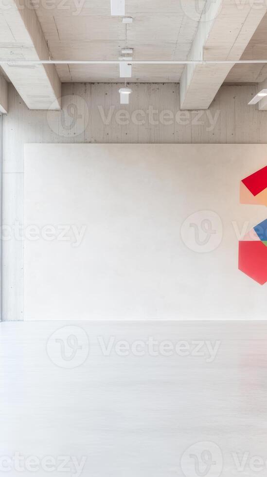 Modern Minimalist Concrete Interior with Abstract Geometric Art. Bright Empty Gallery Space Featuring Contemporary Architectural Design. photo