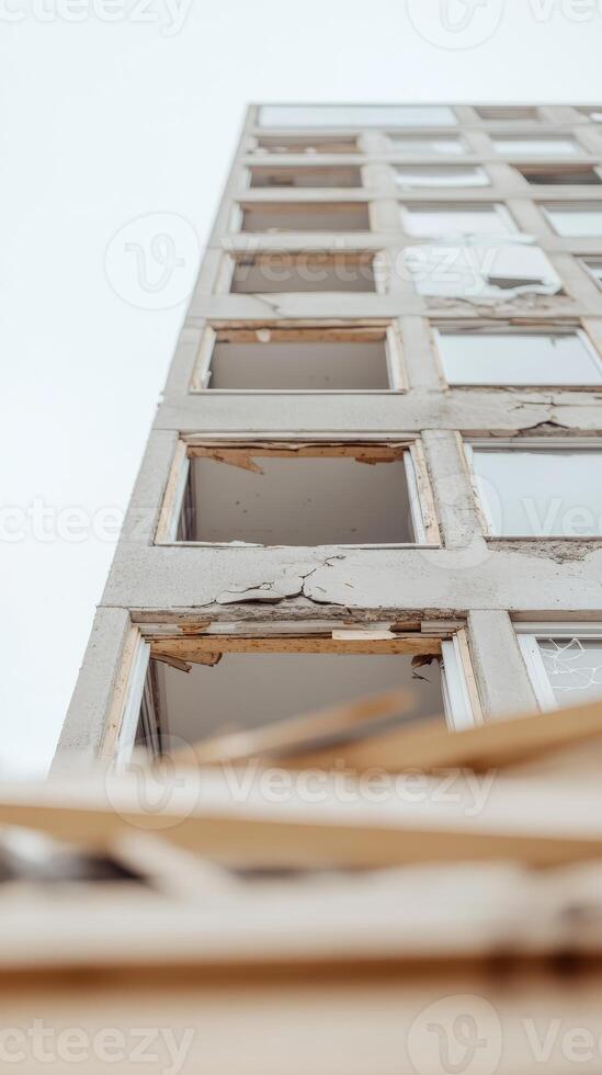 Urban Decay A Dilapidated Concrete High-Rise Building with Shattered Windows Against a Bleak Sky, Symbolizing Abandonment and Ruin. photo