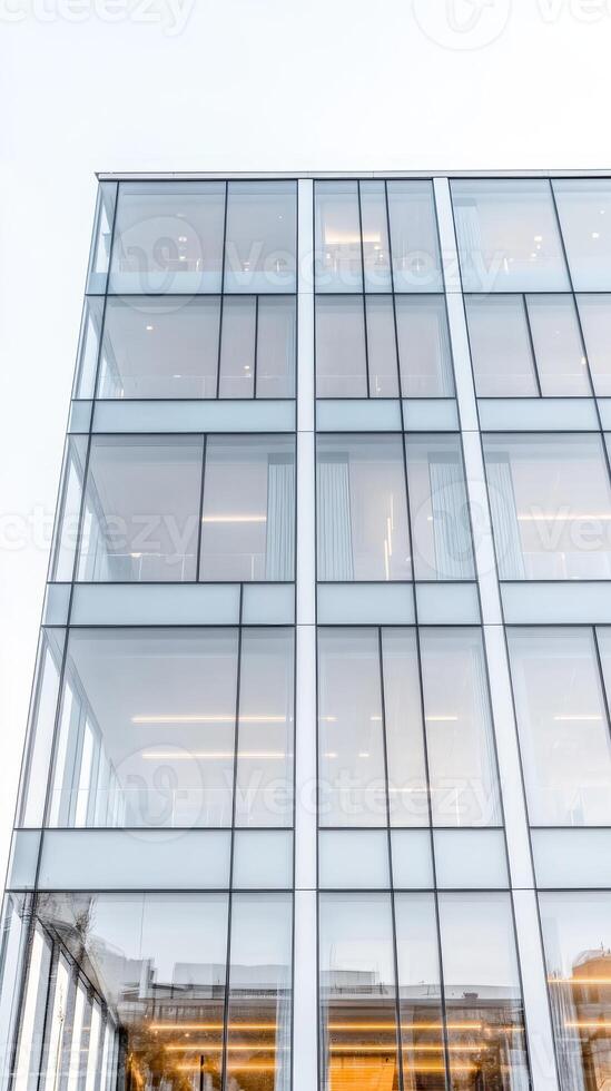 Stunning modern glass facade of a contemporary office building against a clear sky, showcasing sleek architectural design and urban reflections. photo