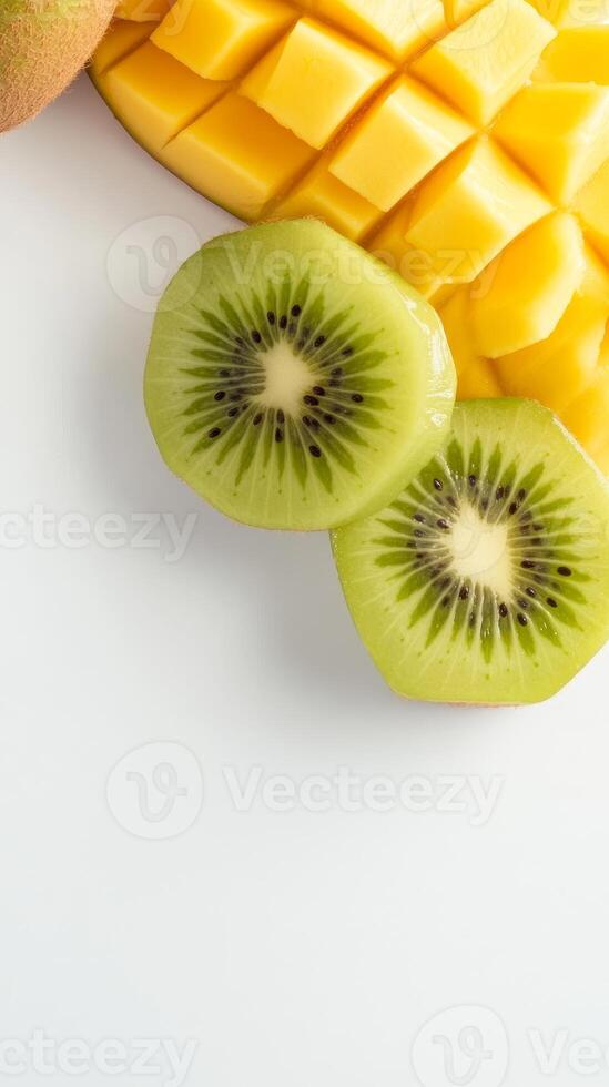 Vibrant Sliced Kiwi and Diced Mango A Close-Up of Fresh, Tropical Fruits. Perfect for Healthy Snacking, Smoothies, and Refreshing Summer Treats photo