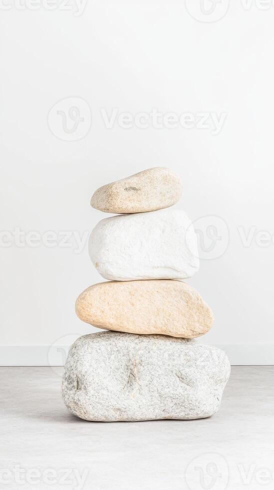 Meditative Stacked Stones A Serene Symbol of Balance and Tranquility. Natural Rock Cairn Art for Zen, Mindfulness, and Inner Peace on a Minimalist Canvas photo