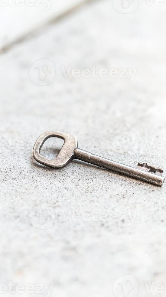 Vintage Metal Key Resting on a Textured Concrete Surface, Symbolizing Access, Opportunity, and Unlocking Hidden Potential in a Minimalist Composition photo