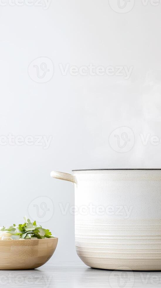 Capturing the essence of home cooking a minimalist scene of a steaming pot and fresh herbs, symbolizing healthy meal preparation and culinary comfort photo