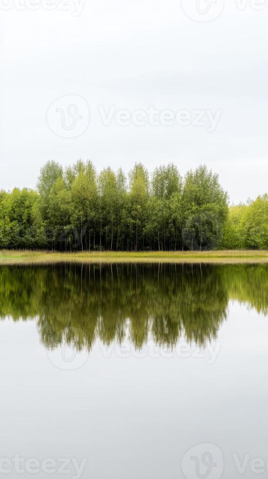 Serene Lake Reflection of Lush Green Trees Under a Calm Sky photo