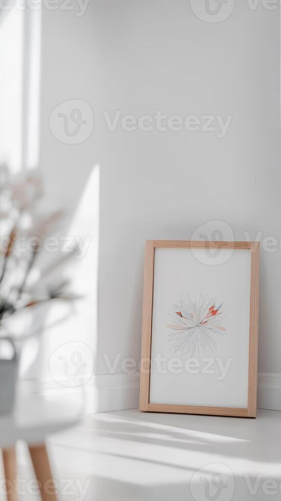 Elegant framed abstract botanical art in a serene minimalist white interior, bathed in soft natural light, perfect for modern home decor. photo