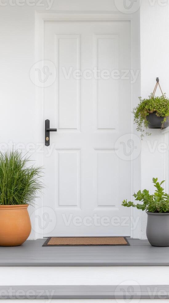 Modern White Front Door with Potted Greenery on a Stylish Grey Porch. Inviting Home Entrance Design for Contemporary Living Spaces. photo