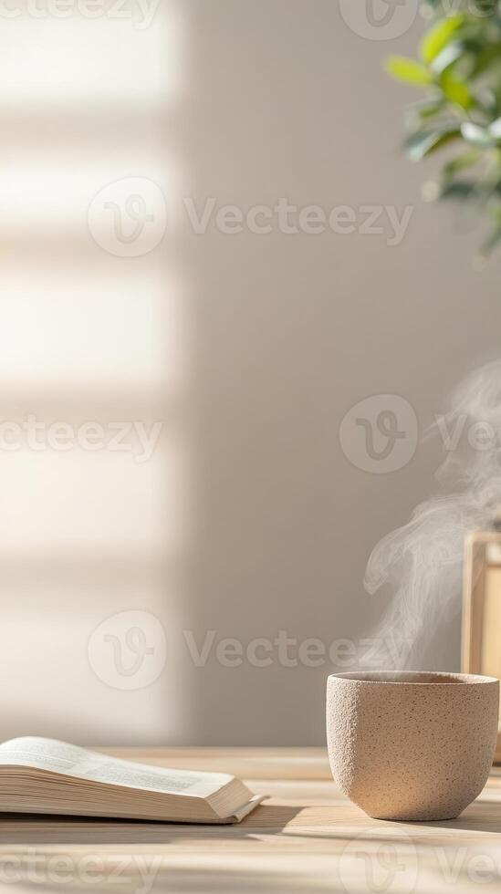 Cozy Morning Ritual Steaming Tea Cup, Open Book, and Soft Sunlight Creating a Peaceful Ambiance for Relaxation and Contemplation photo