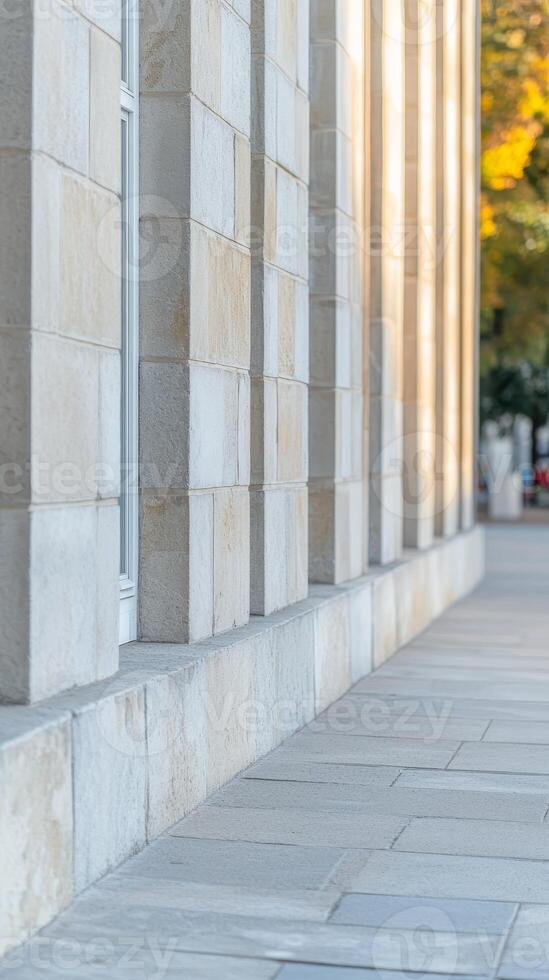 Architectural Stone Facade with Classic Columns and Sunlit Textures, Creating a Striking Urban Perspective for Design Concepts. photo