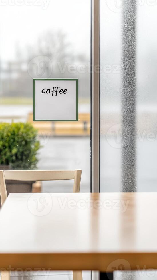 Warm Cafe Interior with 'Coffee' Sign on Window, Inviting Light and Empty Table for a Relaxing Break. Perfect for Beverage Industry Visuals. photo