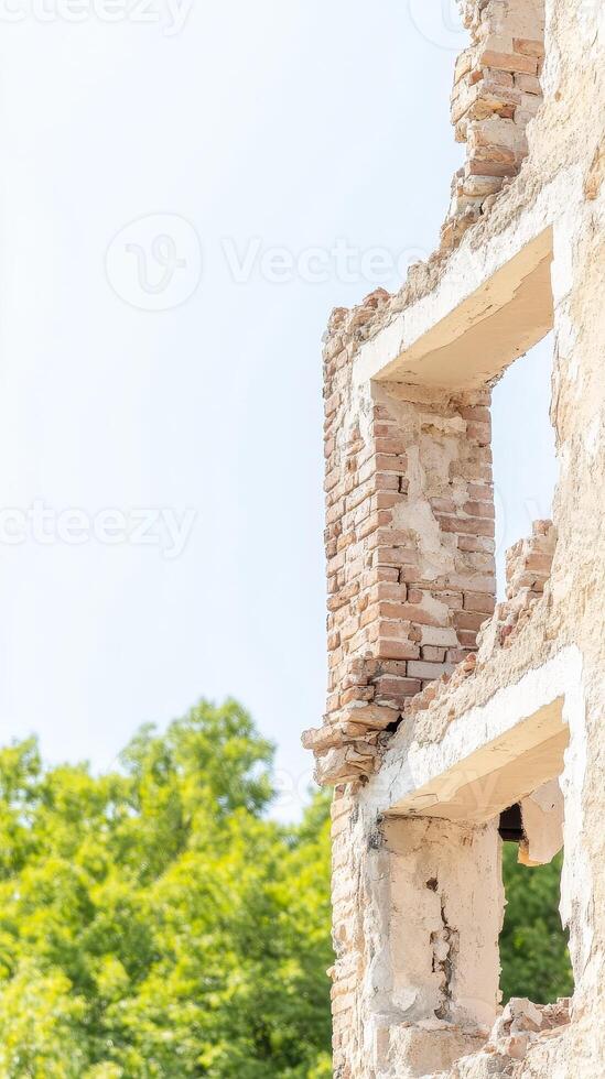 Evocative View of a Weathered Brick Ruin Historic Building Facade with Empty Window Frames Against a Bright Sky and Lush Greenery photo