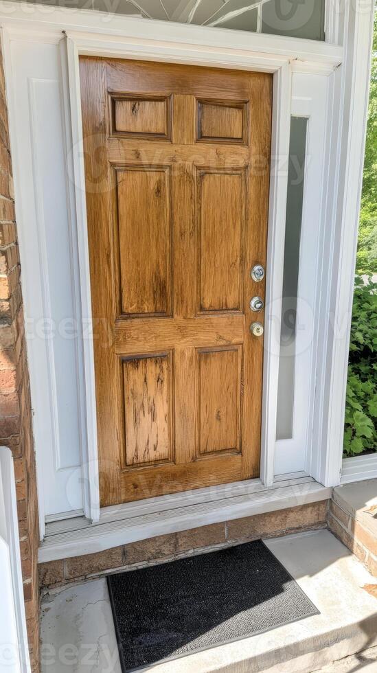 Warm Wooden Front Door with Classic Paneling and Sidelight, Welcoming Home Entrance with Brickwork and Doormat in Natural Light photo