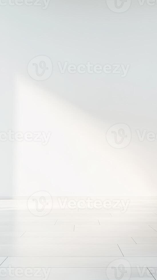 Minimalist White Room Interior with Natural Sunlight and Wooden Floor Texture. Clean, Empty Space for Product Display or Background. photo